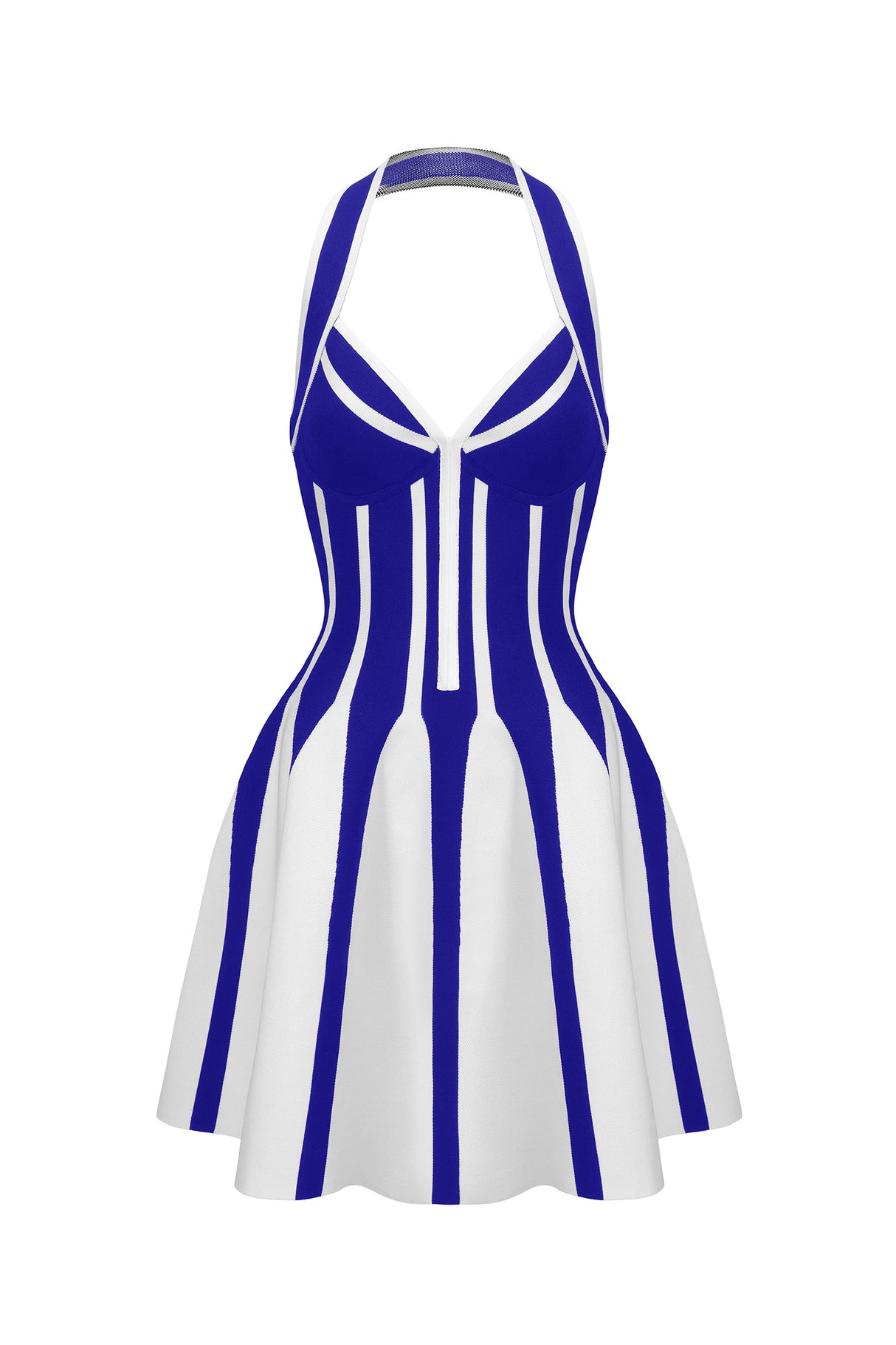 Leilani Mini Dress - Halter Neckline - Bandage Detailing - Flared Skirt - Playful Mini Length - Striking Color Contrast