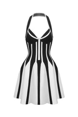 Lia Mini Dress - Halter Sleeveless - V-Neckline - Streak Bandage - Playful Flare - Contrasting Colors - modified image