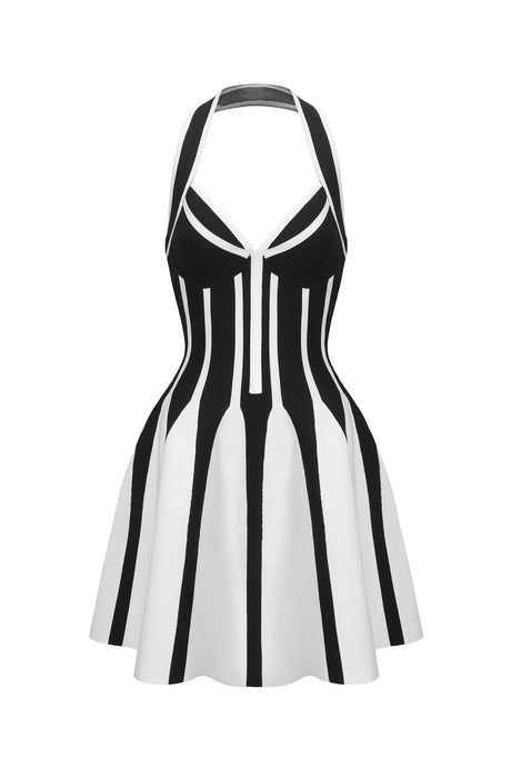 Lia Mini Dress - Halter Sleeveless - V-Neckline - Streak Bandage - Playful Flare - Contrasting Colors - modified image