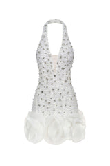Laney Mini Dress - Sleeveless V-Neck - Diamond Flowers - Shimmering Embellishments - Flattering Fit - Floral Hem