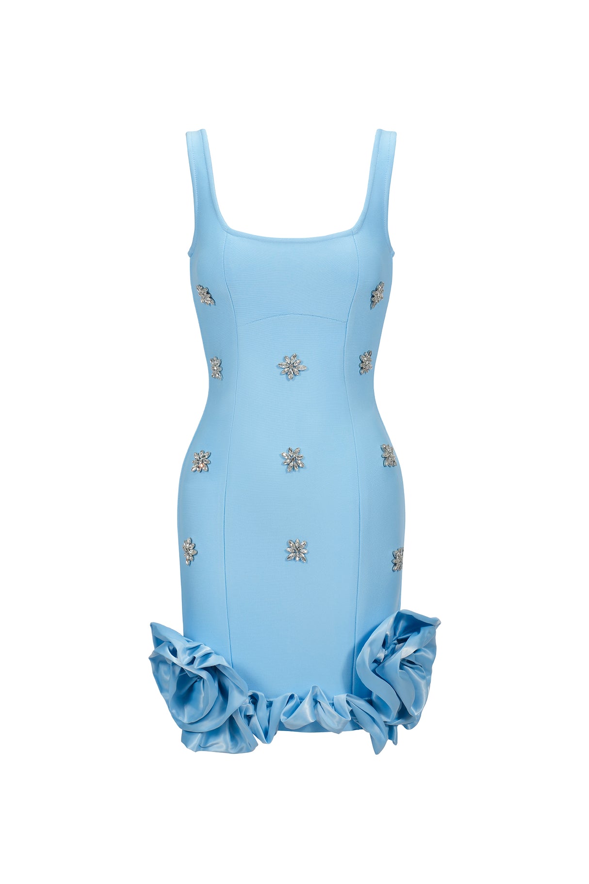 Rinata Mini Dress - Sleeveless - Diamond Flowers - Square Neckline - Fitted Silhouette - Ruffled Hemline