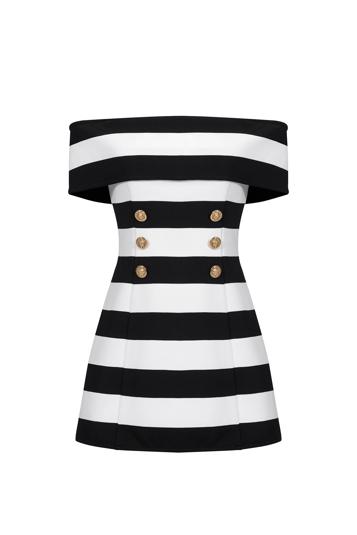 Leilani Off-The-Shoulder Bandage - Striped Pattern - Fitted Silhouette - Button Detailing - Mini Length