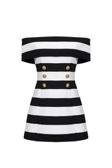 Leilani Off-The-Shoulder Bandage - Striped Pattern - Fitted Silhouette - Button Detailing - Mini Length