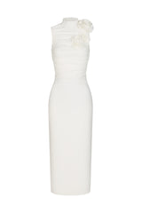 Tatiana Midi Dress - High Neckline - Ruched Detailing - Fabric Flowers - Draping Fit - Versatile