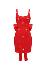Zelda Mini Dress - Sleeveless - Diamond Bow Detail - Fitted Silhouette - Square Neckline - Ruffled Back Detail - modified image