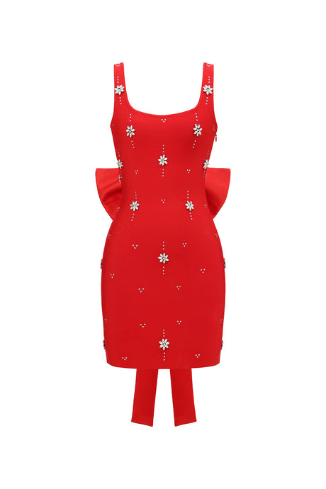 Zelda Mini Dress - Sleeveless - Diamond Bow Detail - Fitted Silhouette - Square Neckline - Ruffled Back Detail - modified image