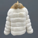 White Fox Fur Jacket with Golden-Brown Collar