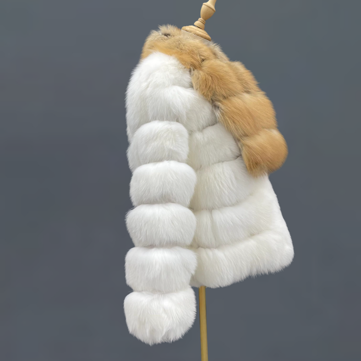 White Fox Fur Jacket with Golden-Brown Collar