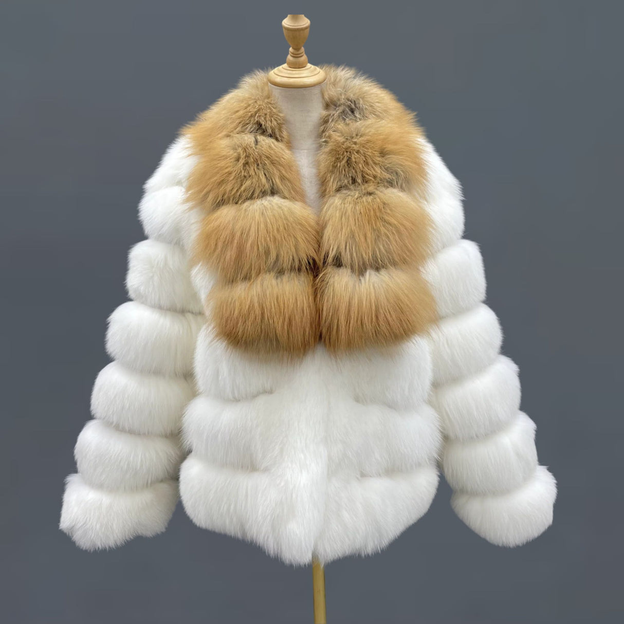 White Fox Fur Jacket with Golden-Brown Collar