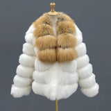 White Fox Fur Jacket with Golden-Brown Collar