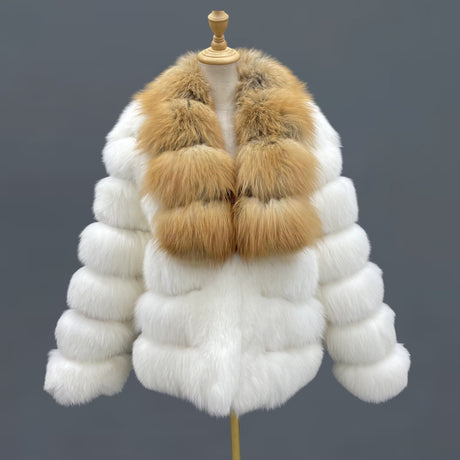 White Fox Fur Jacket with Golden-Brown Collar
