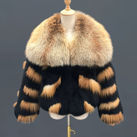 Luxury Fox Fur Jacket with Big Collar – Black & Golden-Brown