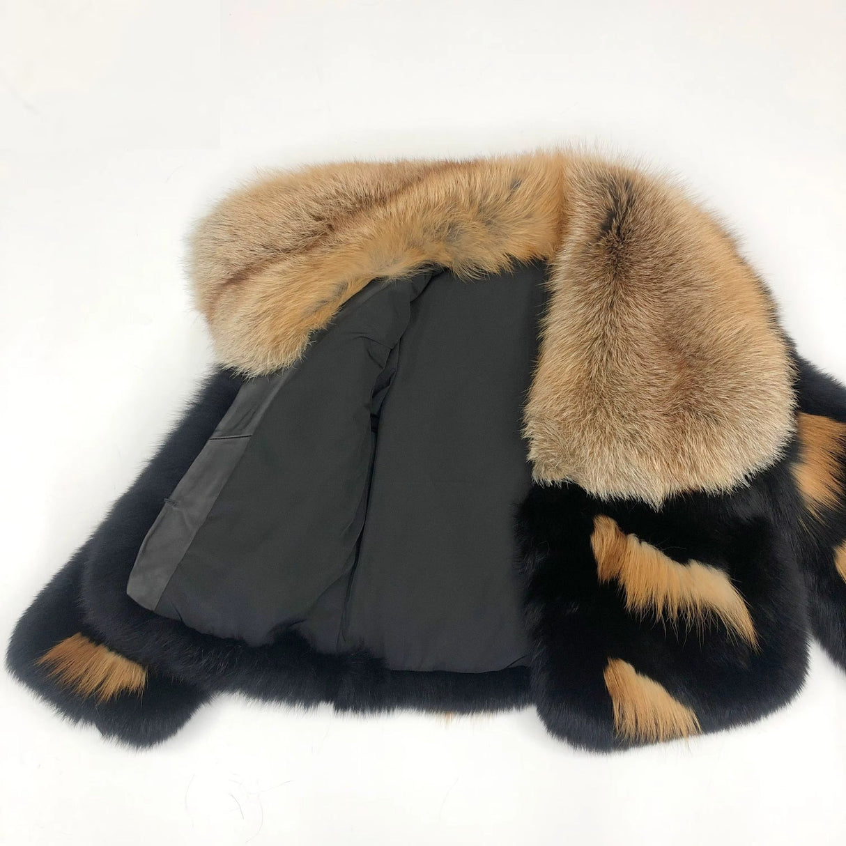 Luxury Fox Fur Jacket with Big Collar – Black & Golden-Brown