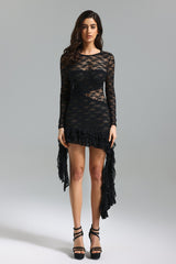 Maria Mini Dress - Asymmetrical Hem - Lace Detailing - Long Sleeves - Fitted Silhouette - Ruffle Accents