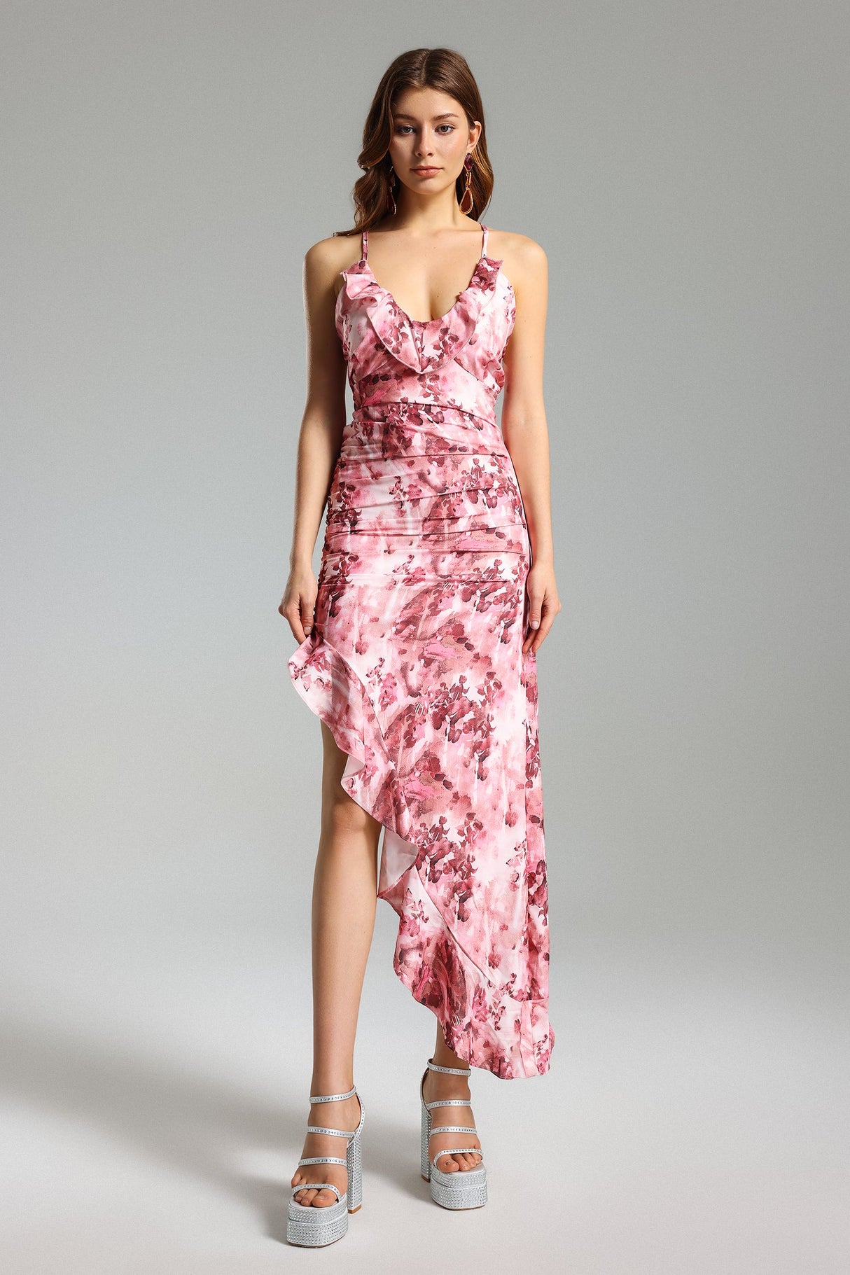 Jazlyn Midi Dress - Floral Print - Ruffled Skew - Asymmetrical Hemline - Spaghetti Straps - Lightweight Fabric
