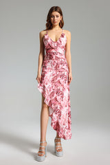 Jazlyn Midi Dress - Floral Print - Ruffled Skew - Asymmetrical Hemline - Spaghetti Straps - Lightweight Fabric