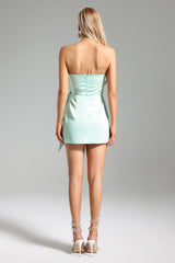 Miriam Mini Dress - Asymmetric Neckline - Draped - Diamante Bow Waist - Fitted Bodice - Playful Mini Skirt
