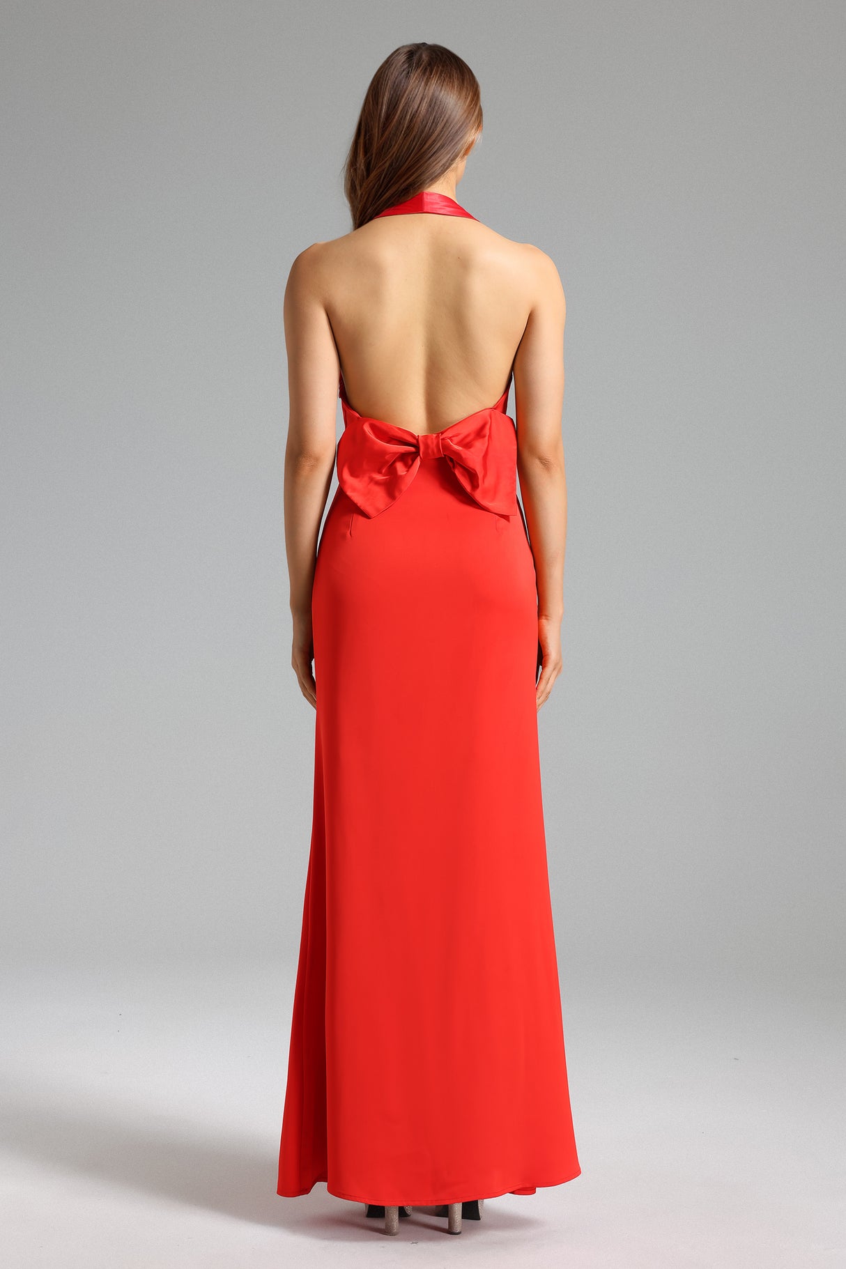Emilee Midi Dress - Halterneck - Backless Satin - Plunging Neckline - Flowing Silhouette - Formal Elegance