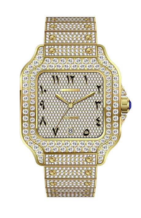 Gold watch with diamond accents on a white background