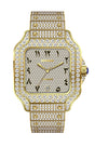 Gold watch with diamond accents on a white background