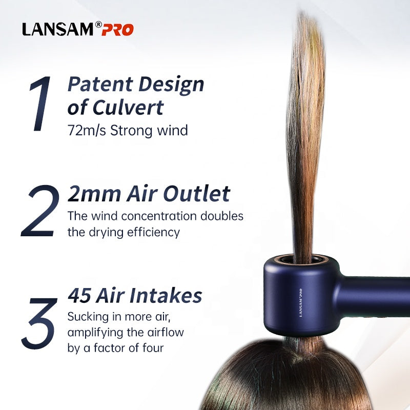 LANSAM PRO hair dryer with features highlighted on a white background