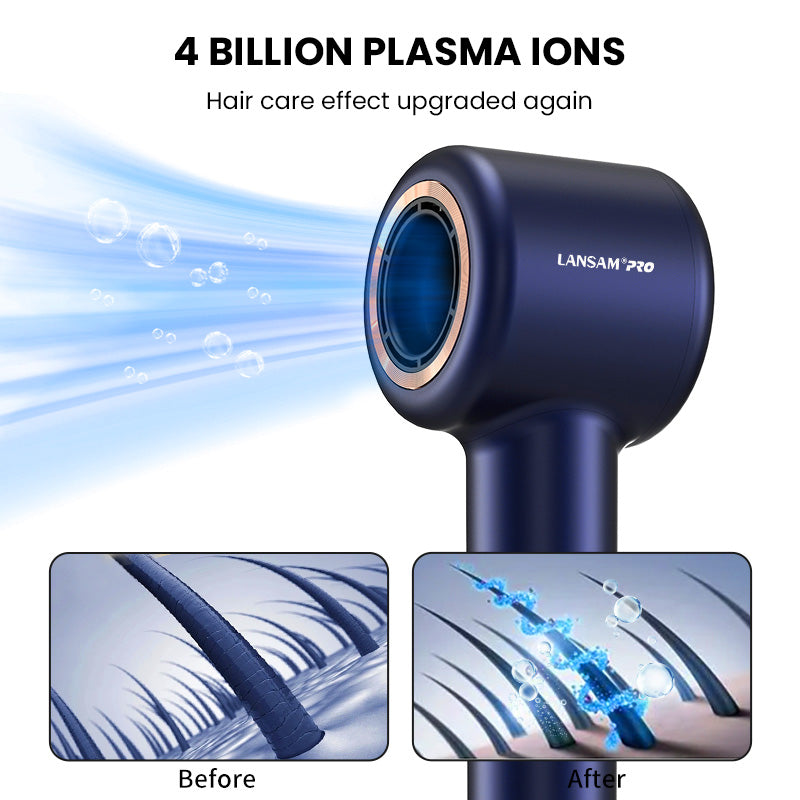 Hair dryer with plasma ions feature and before-after comparison on a white background