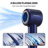Hair dryer with plasma ions feature and before-after comparison on a white background