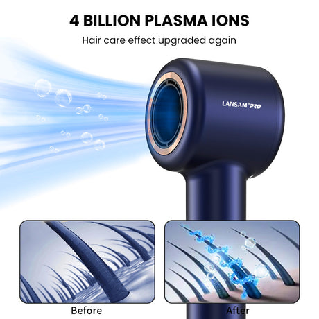 Hair dryer with plasma ions feature and before-after comparison on a white background