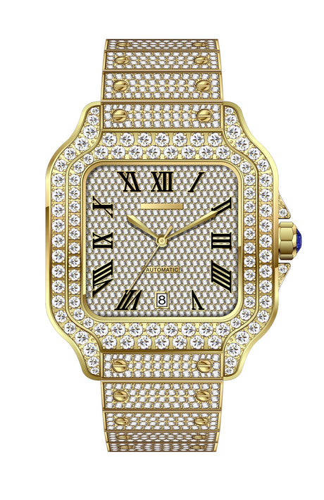Moissanite Watch Luxury gold watch with diamond accents on a white background