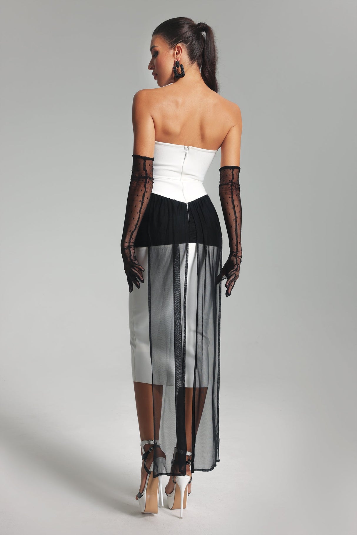 Mikayla Midi Dress - Strapless Neckline - Keyhole Detail - Fitted Silhouette - Mesh Detailing - Formal Events