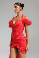 Mirella Halterneck Feather Satin Mini Dress - Plunging V-Neck - Exquisite Feather Detailing - Ruched Fabric