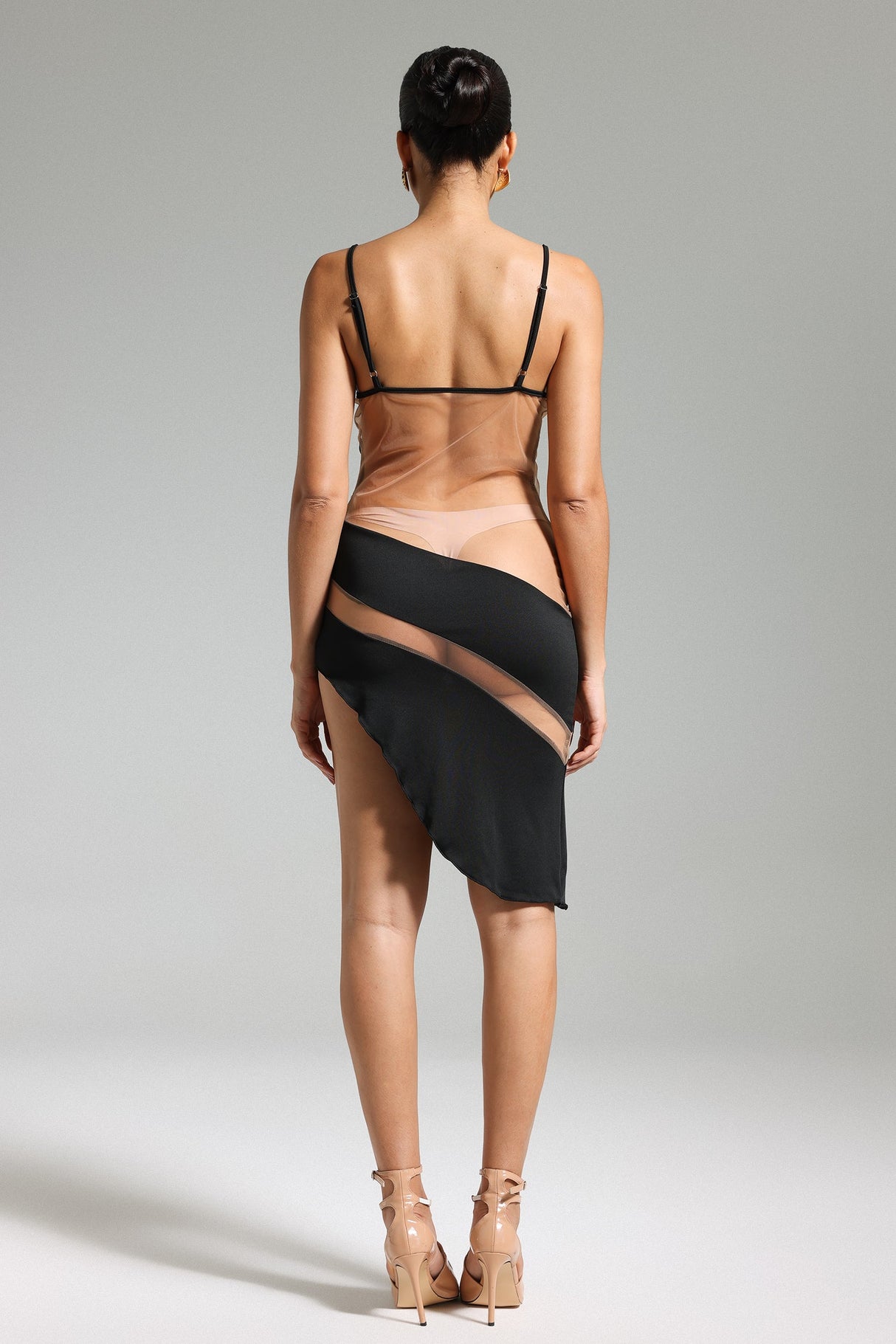 Flora Midi Dress - Halter Neckline - Sheer Paneling - Asymmetric Hem - Mesh Detailing - Comfortable Fit