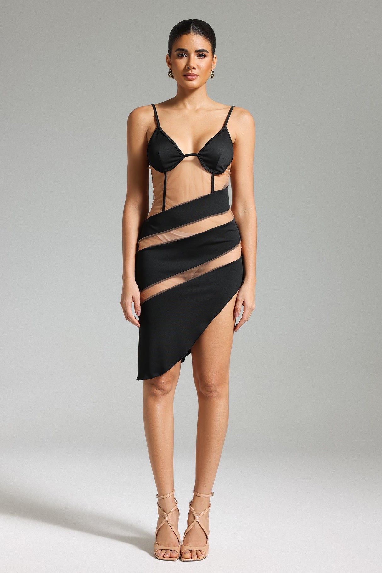 Flora Midi Dress - Halter Neckline - Sheer Paneling - Asymmetric Hem - Mesh Detailing - Comfortable Fit