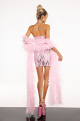 Miracle Strapless Mini Dress - Diamante Detailing - Form-Fitting Silhouette - Sequin Embellishments - Mini Length - Feather Wrap