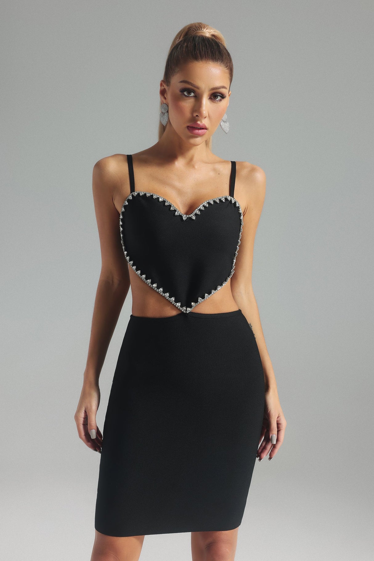 Ninfa Midi Dress - Heart-Shaped Neckline - Diamond Embellishments - Cut-Out Detailing - Fitted - Statement Piece
