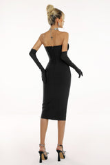 Samantha Midi Dress - Strapless Silhouette - Diamante Embellishments - Sheer Panels - Form-Fitting Fabric - Glamorous Appeal
