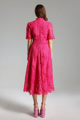 Liana Midi Dress - Stunning Lace Overlay - Feminine Silhouette - High Neckline - Flowy Skirt - Intricate Detailing