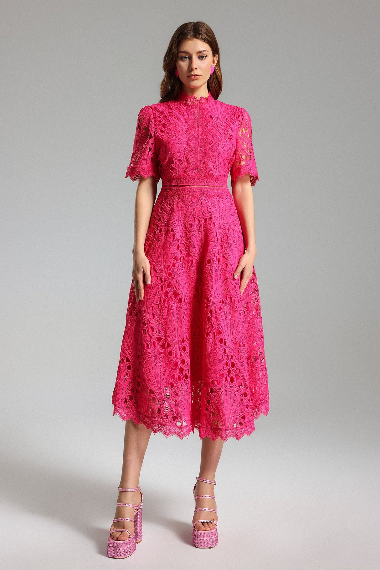 Liana Midi Dress - Stunning Lace Overlay - Feminine Silhouette - High Neckline - Flowy Skirt - Intricate Detailing