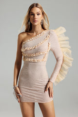 Mariuccia Mini Dress - One Sleeve - Diamante Embellishments - Ruffled Detailing - Asymmetrical Silhouette - Breathable Fabric