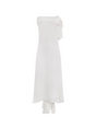 Sophia asymmetric white evening dress with a delicate bow detail, flowing silhouette, and layered hemline, crafted from lightweight polyester.