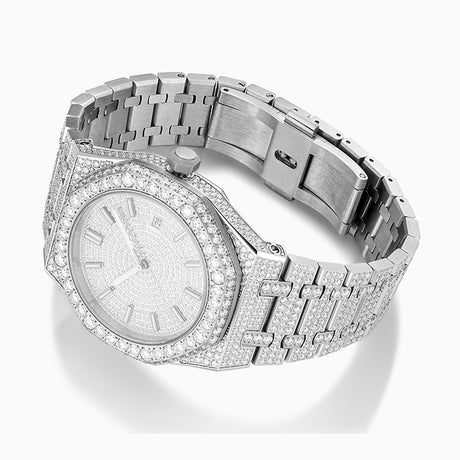 Moissanite Watch Luxury silver watch with diamond-studded bezel on a white background