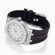 Moissanite Watch Luxury watch with black strap and diamond-studded case on a white background