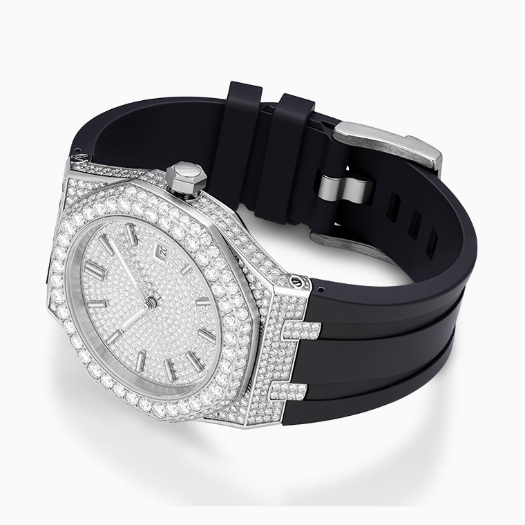 Moissanite Watch Luxury watch with black strap and diamond-studded case on a white background