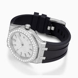 Moissanite Watch Luxury watch with black strap and diamond-studded case on a white background