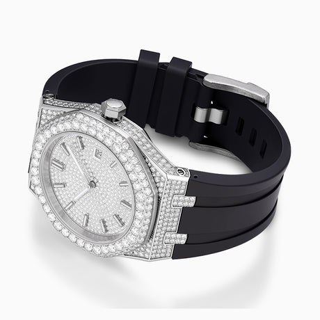Moissanite Watch Luxury watch with black strap and diamond-studded case on a white background