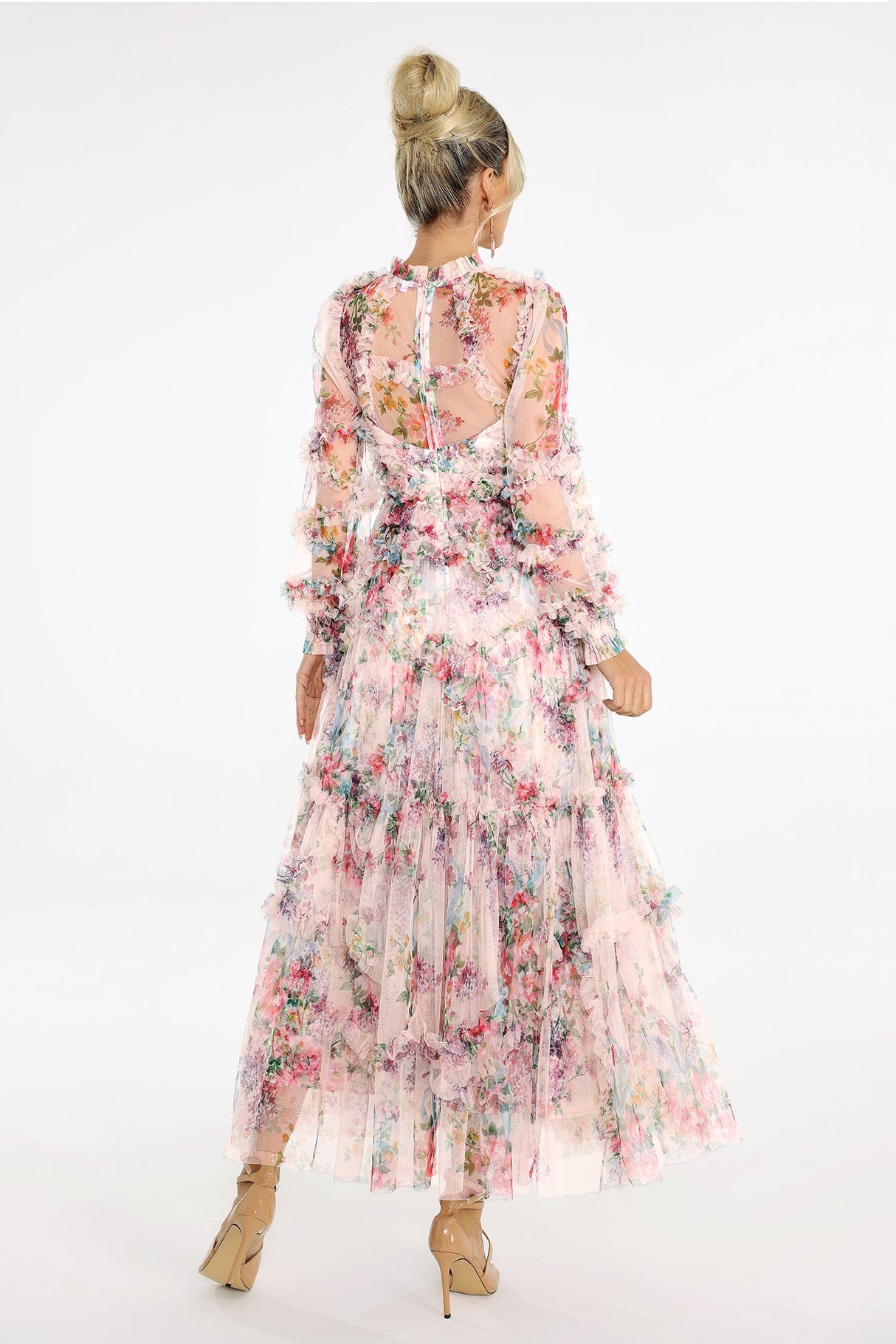 Zara Midi Dress - Floral Print - Sheer Mesh Fabric - Puffed Sleeves - Tiered Skirt - Neckline