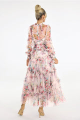 Zara Midi Dress - Floral Print - Sheer Mesh Fabric - Puffed Sleeves - Tiered Skirt - Neckline