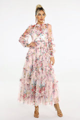 Zara Midi Dress - Floral Print - Sheer Mesh Fabric - Puffed Sleeves - Tiered Skirt - Neckline