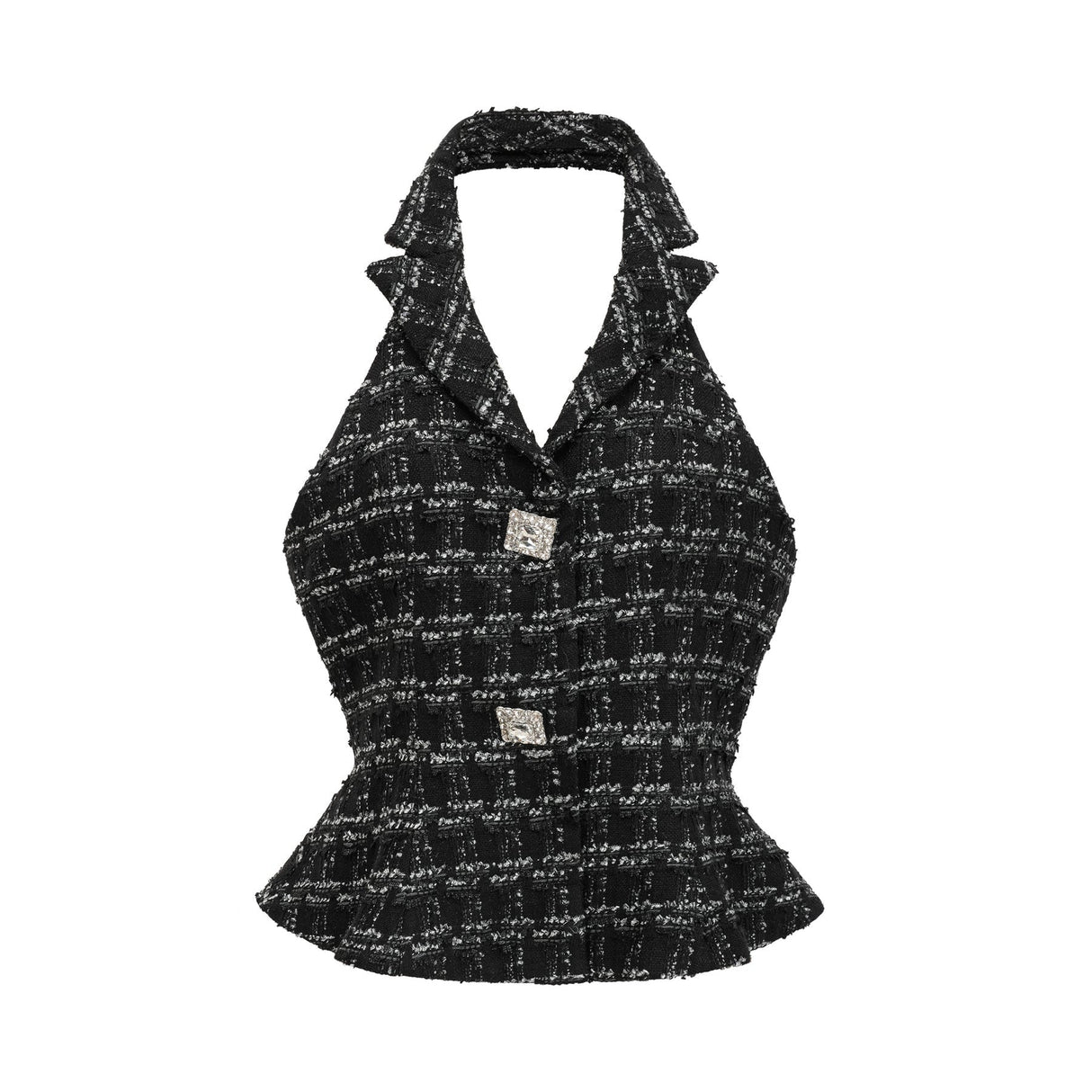 A black and white checked tweed matching set consisting of a vest top and skirt in a classic pattern
