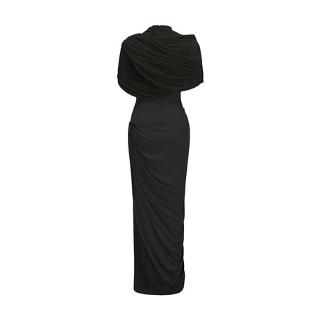 A black asymmetric maxi dress with pleated details worn by a model standing against a plain background